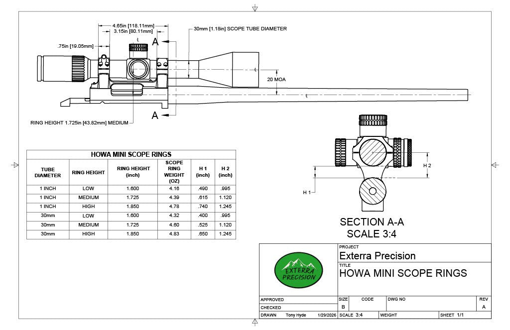 Technical drawing of Exterra Precision HOWA Mini Precision Hunter Scope Rings with dimensions and specifications.