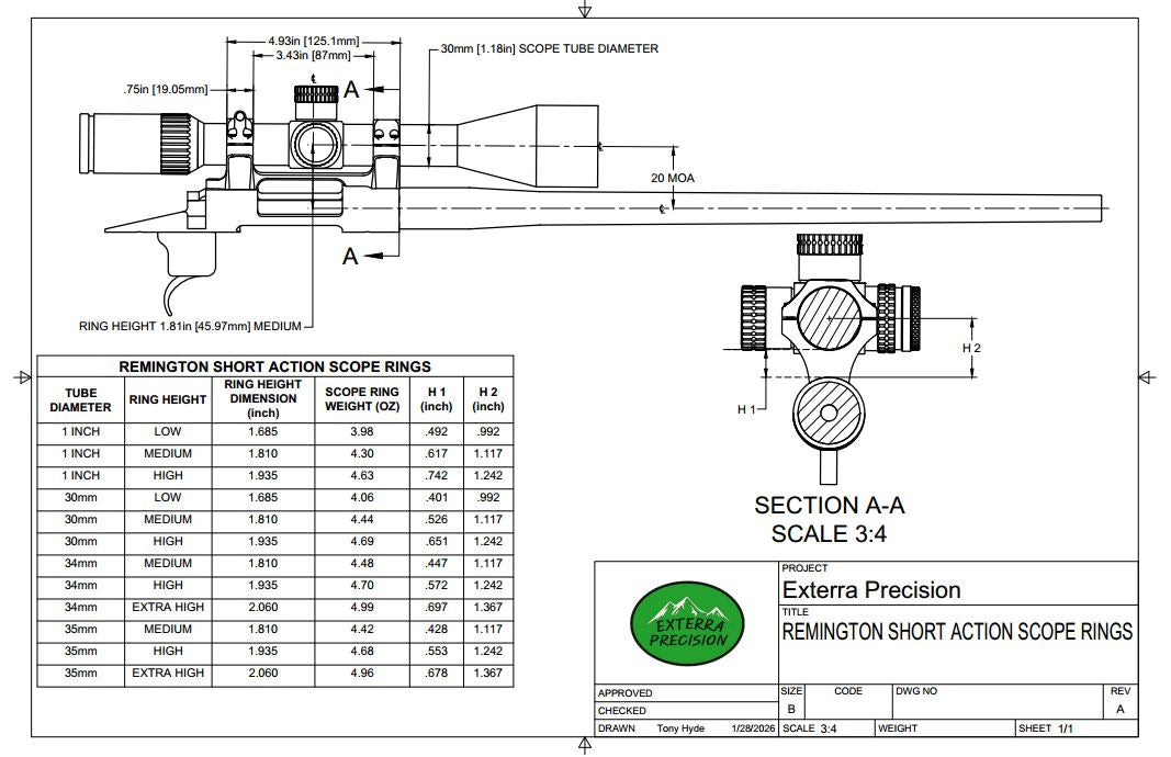 Technical drawing of Remington 700 Short Action Scope Rings with dimensions and specifications.