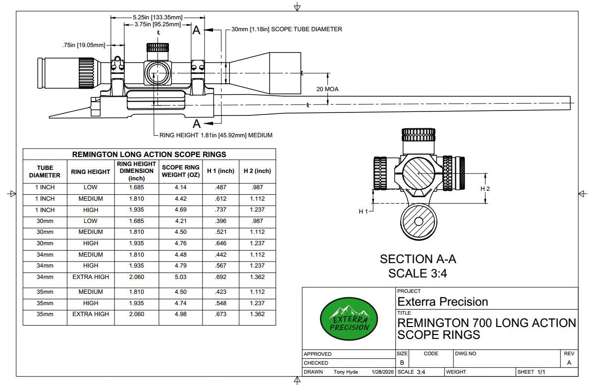 Technical drawing of Remington 700 long action scope rings with dimensions and specifications.