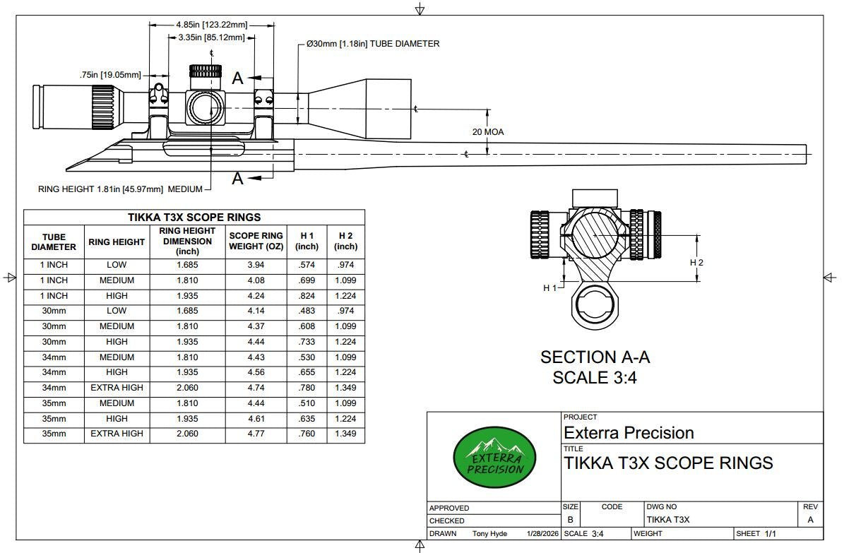 Technical drawing of a Tikka T3X scope rings with dimensions and specifications. 